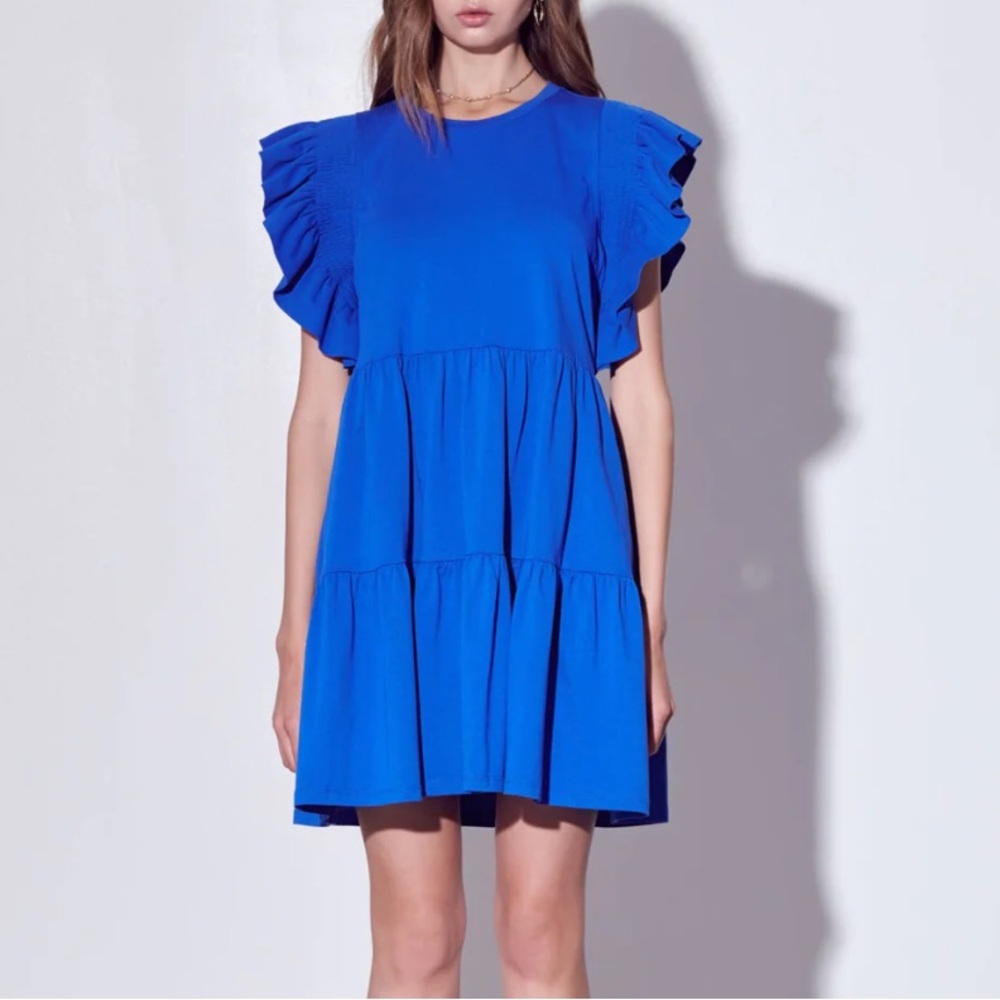 ENGLISH FACTORY Anthropologie Ruffled Babydoll Mini Dress in Cobalt Blue